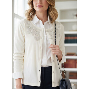 Rafaella Cream Ribbed Cardigan Large Beaded Embroidery